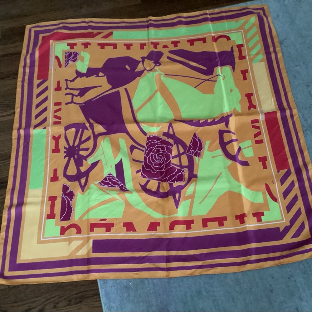 Hermes “Puzzle”Orange and Purple Silk Scarf